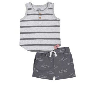 Modern Moments Toddler Tank Top & Terry Short Set Gray Stripes & Sharks 12M Cott